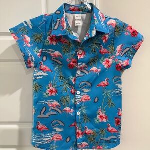 Boys 4T Hawaiian Shirt Blue Flamingo Tropical Tommy Bahama Style Button Down